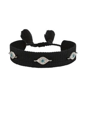 Black Woven Tassel Rhinestone Evil Eye Friendship Bracelet NEW